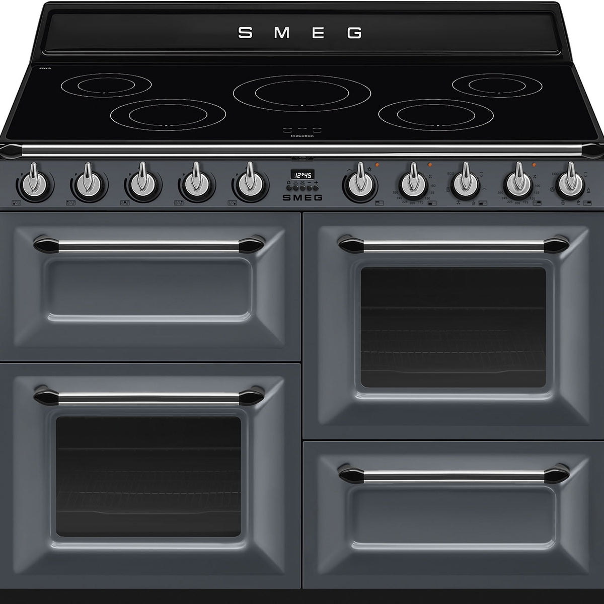 Smeg 110cm Victoria grey range cooker with four ovens, induction hob, and stainless steel handles.