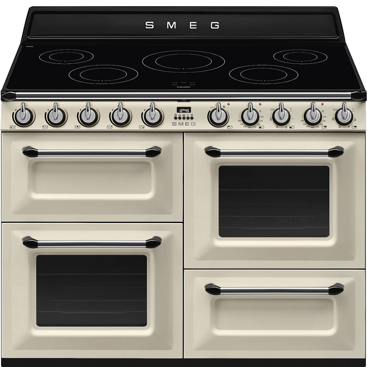 Cream Smeg 110cm Victoria range cooker with four ovens and black induction hob top