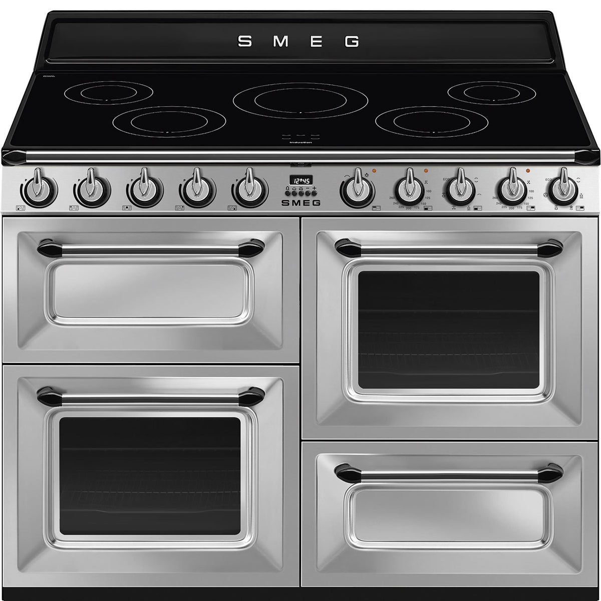 Smeg 110cm Victoria range cooker with black induction hob, four ovens, and stainless steel finish.