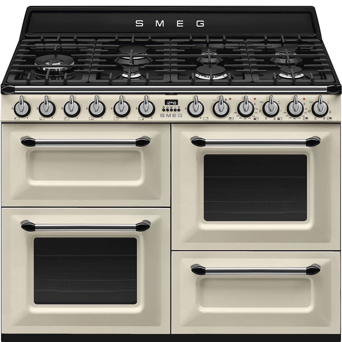 Cream Smeg 110cm Victoria range cooker with four ovens, six gas burners, and chrome handles
