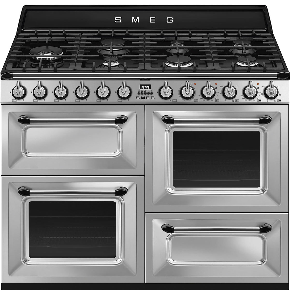 Smeg 110cm Victoria stainless steel range cooker with four ovens and seven gas burners on top