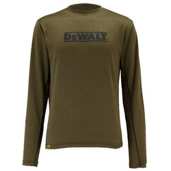 DEWALT olive long sleeve performance T-shirt with mesh panels, moisture-wicking polyester, lightweight, from Keans