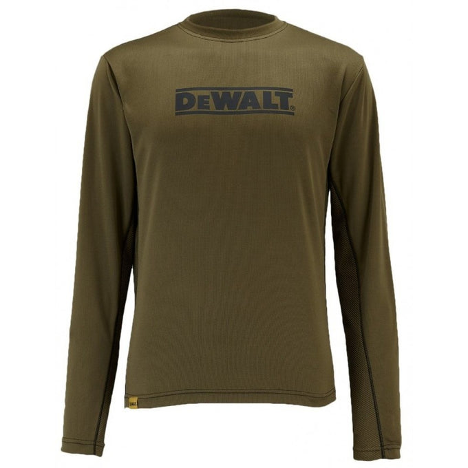 DEWALT olive long sleeve performance T-shirt with mesh panels, moisture-wicking polyester, lightweight, from Keans