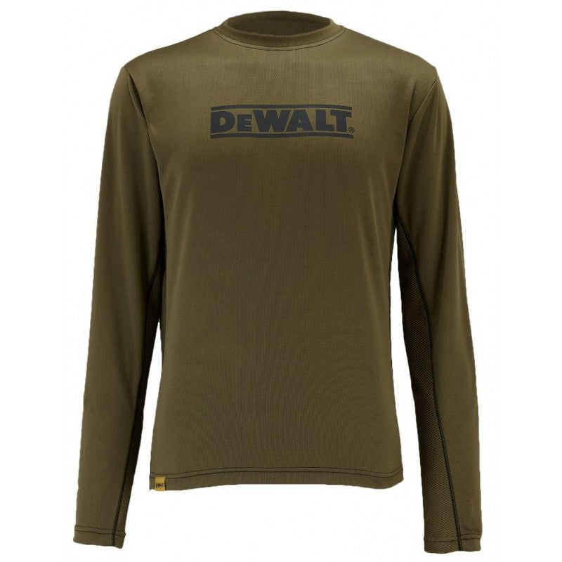 DEWALT olive long sleeve performance T-shirt with mesh panels, moisture-wicking polyester, lightweight, from Keans