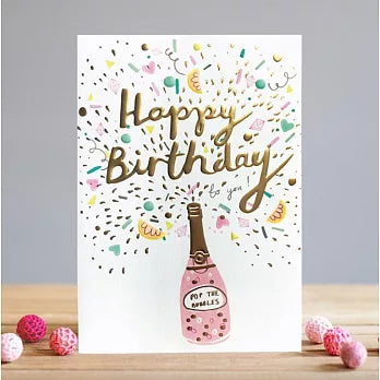 LT Happy Birthday To You card with gold foil text, confetti, and a pink champagne bottle, blank inside.