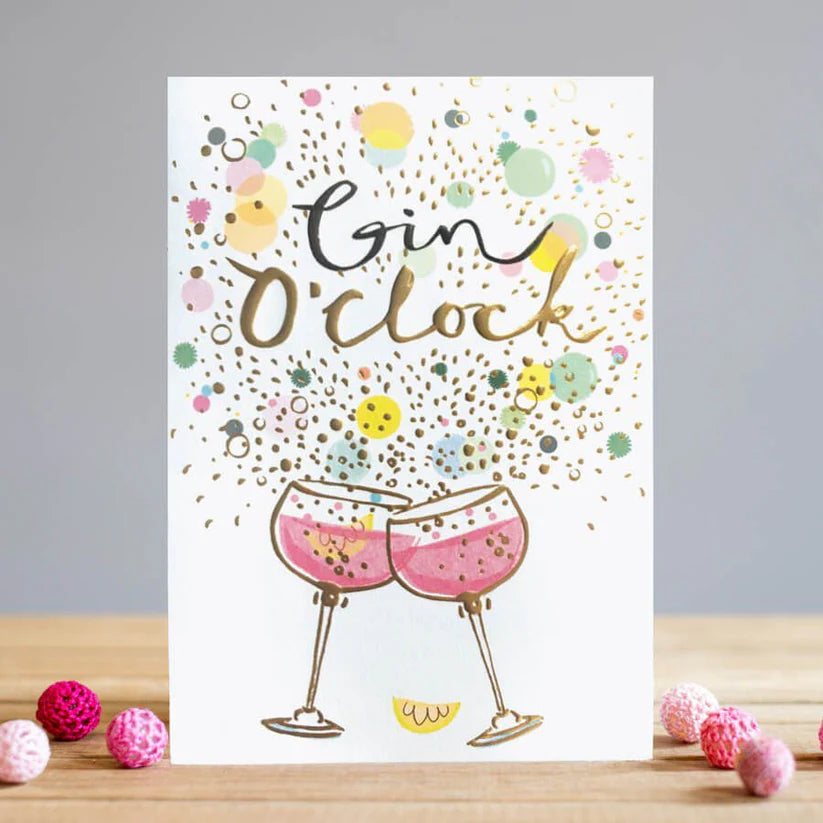 LT Gin O' Clock Happy Birthday card with two pink gin glasses clinking and colorful confetti on white background.