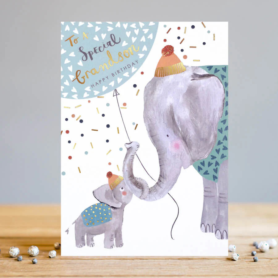 Special Grandson Birthday Card with embossed elephants wearing party hats and confetti on white background