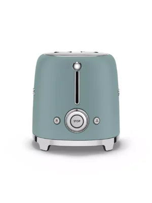 Smeg 50’s Retro Style 2 Slice Toaster in emerald green, front view with control knob and stop button visible