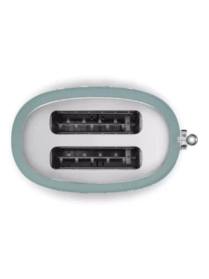Top-down view of Smeg 50’s Retro Style 2 Slice Toaster in emerald green showing two wide slots and chrome lever.