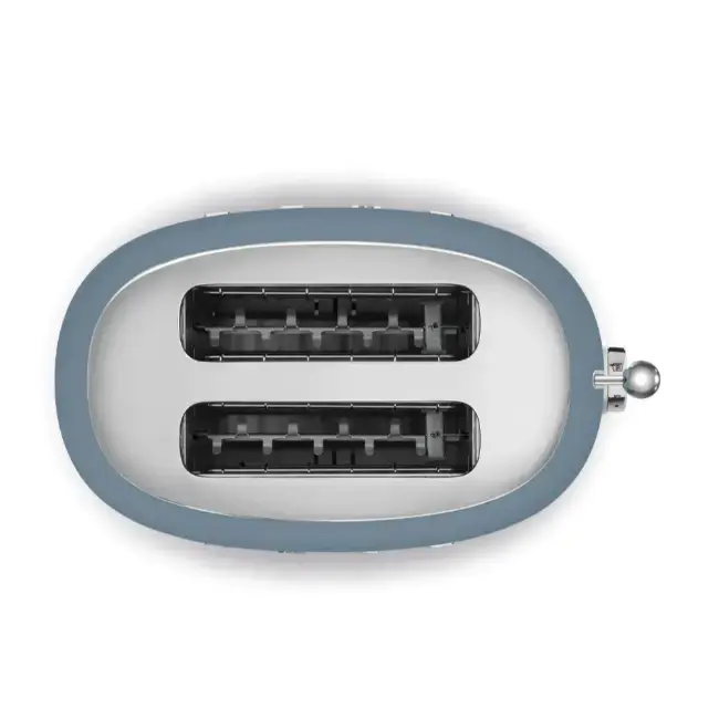 Top-down view of Smeg 2 Slice Toaster in storm blue showing dual bread slots and lever on the side.