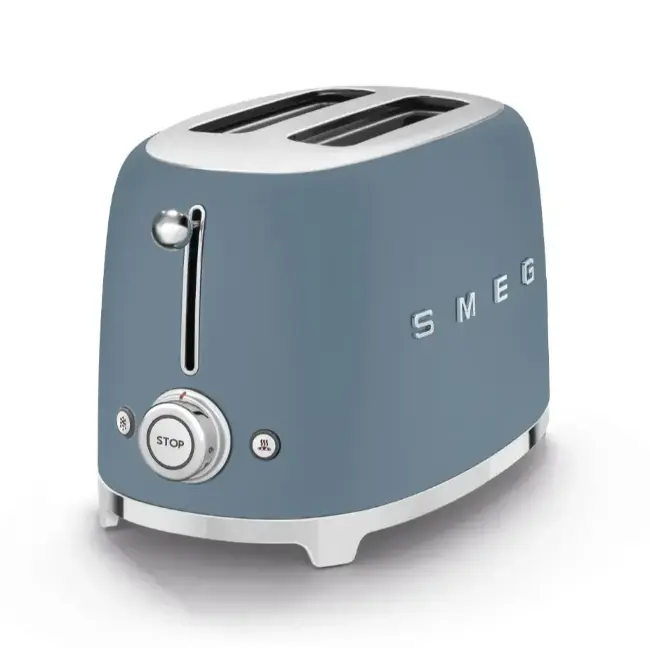 Smeg 2 slice toaster in storm blue with chrome accents, control dial, and lever on front side.