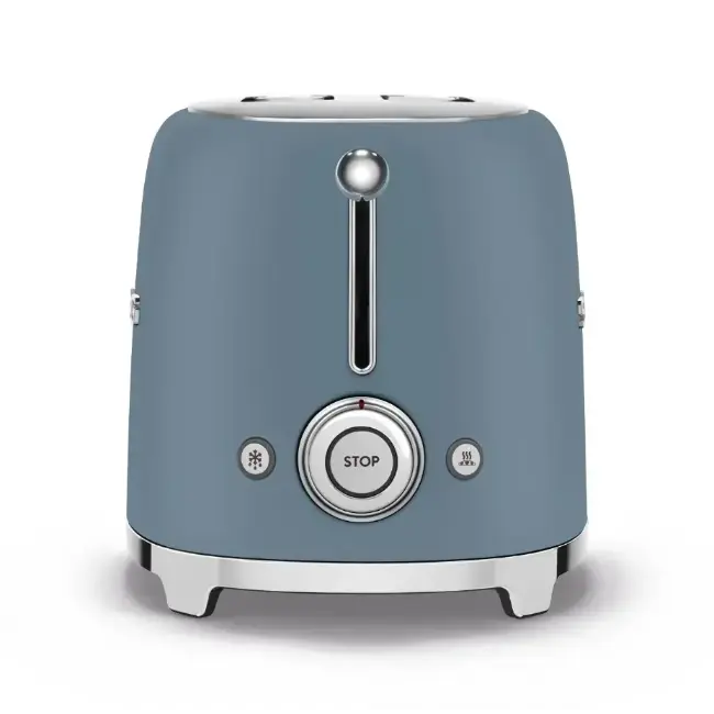 Smeg 2 slice toaster in storm blue, front view showing control buttons and stop dial