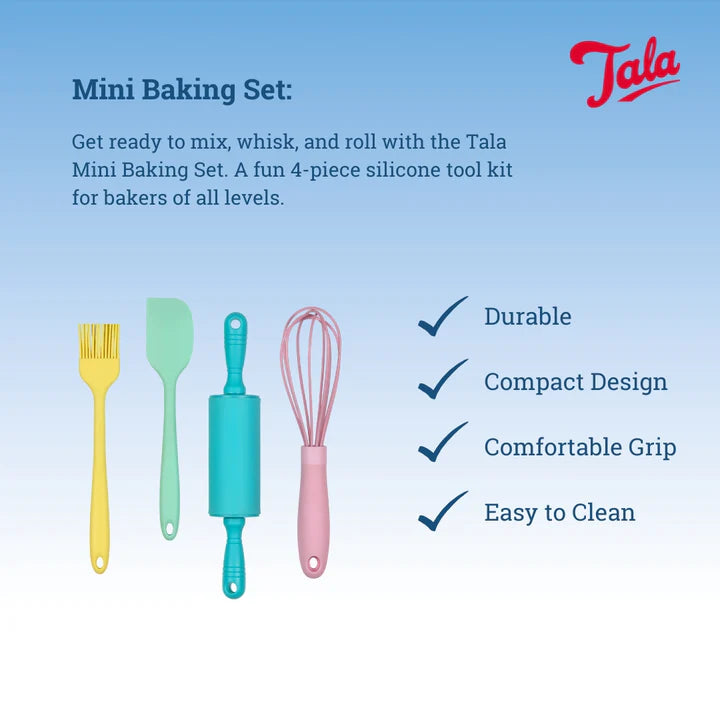 Tala 4-piece mini silicone baking set with yellow brush, green spatula, blue rolling pin, and pink whisk on blue background.