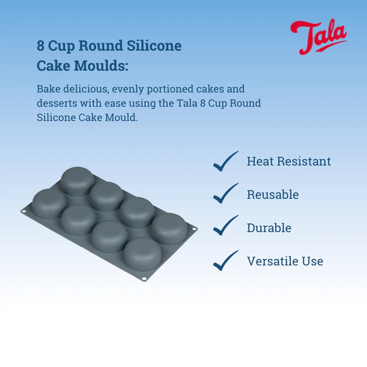 Tala 8 Cup Round Silicone Cake Mould in gray, showing eight rounded cavities on a flat base.