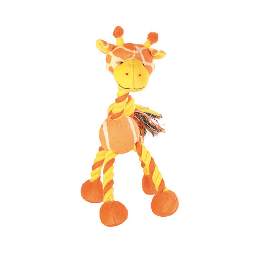 Giraffe plush dog toy with rope and tennis ball, 28cm, soft polyester, durable and gentle – Keans Claremorris.