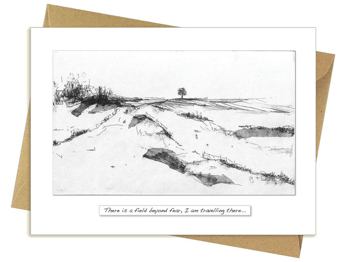 Field Card featuring resilient oak tree etching and inspirational quote, symbolizing strength – Keans Claremorris.