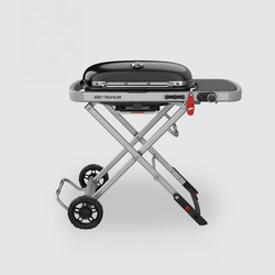 Weber Traveller BBQ portable gas grill with foldable cart, large cooking surface, and wheeled mobility – available at Kean’s