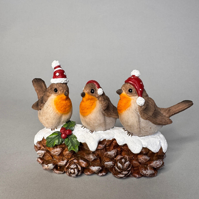 Three Robins with Santa Hats on Cone with Holly & Snow – 14 x 9cm (Window Box) Keans Claremorris