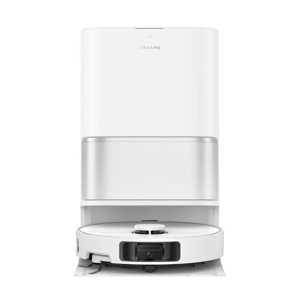 Dreame L10s Ultra Gen 3-UK robot vacuum docked in its white and silver charging station, front view.