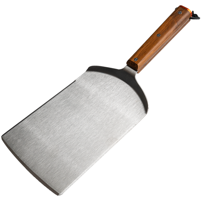 Traeger Large Cut BBQ Spatula, 6x10" stainless steel, beveled edge, hanging loop, perfect for big cuts, available at Kean’s