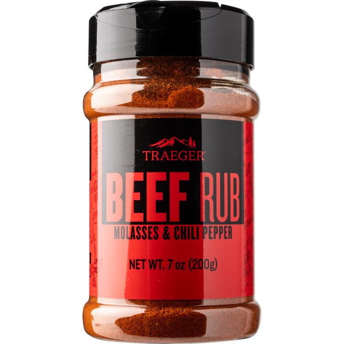 Traeger Beef Rub 200g with molasses, chili pepper, perfect for brisket, steaks, burgers – available at Kean’s Claremorris. –