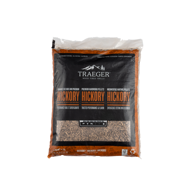 Traeger Hickory BBQ Wood Pellets 9kg – bold smoky flavour, 100% natural hardwood, low ash, from Keans Claremorris