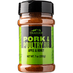 Traeger Pork and Poultry Rub 200g with apple, honey, and light spice for BBQ chicken and pork, available at Kean’s