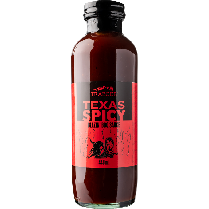 Traeger Texas Spicy BBQ Sauce 440ml glass bottle, sweet smoky spicy flavor, perfect for grilling, available at Kean’s