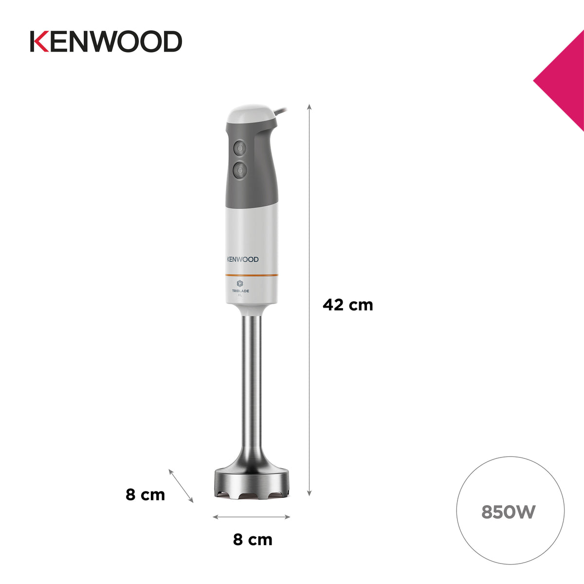 Kenwood Triblade XL hand blender with grey handle, stainless steel blending shaft, and power buttons visible