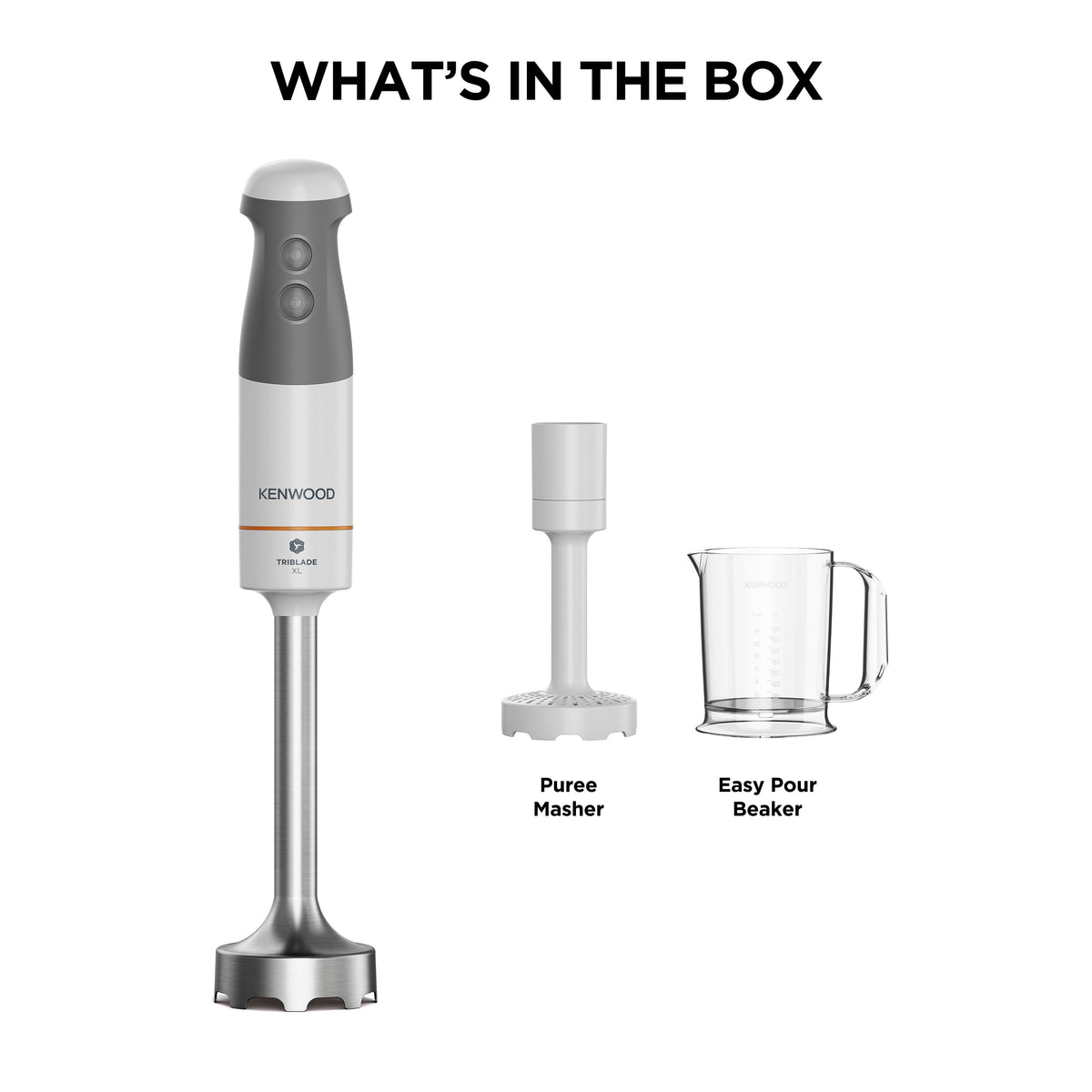 Kenwood Triblade XL hand blender with puree masher attachment and clear measuring beaker