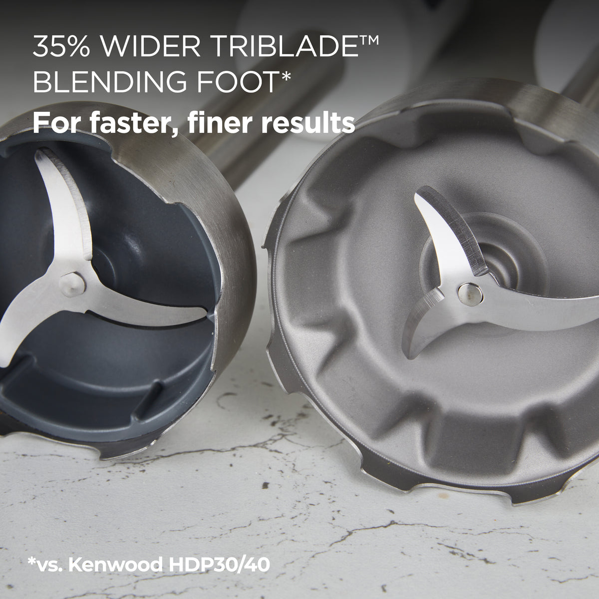 Close-up of two Kenwood Triblade XL+ blending feet showing their wider blades and design details.