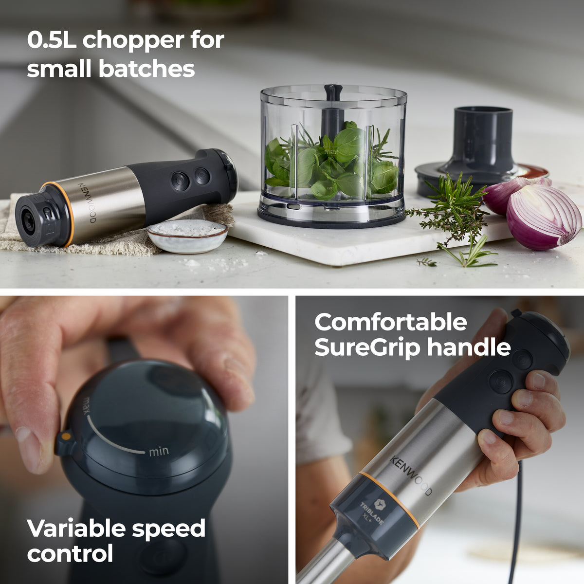 Kenwood Triblade XL+ hand blender with detachable 0.5L chopper bowl containing fresh herbs on a kitchen counter.