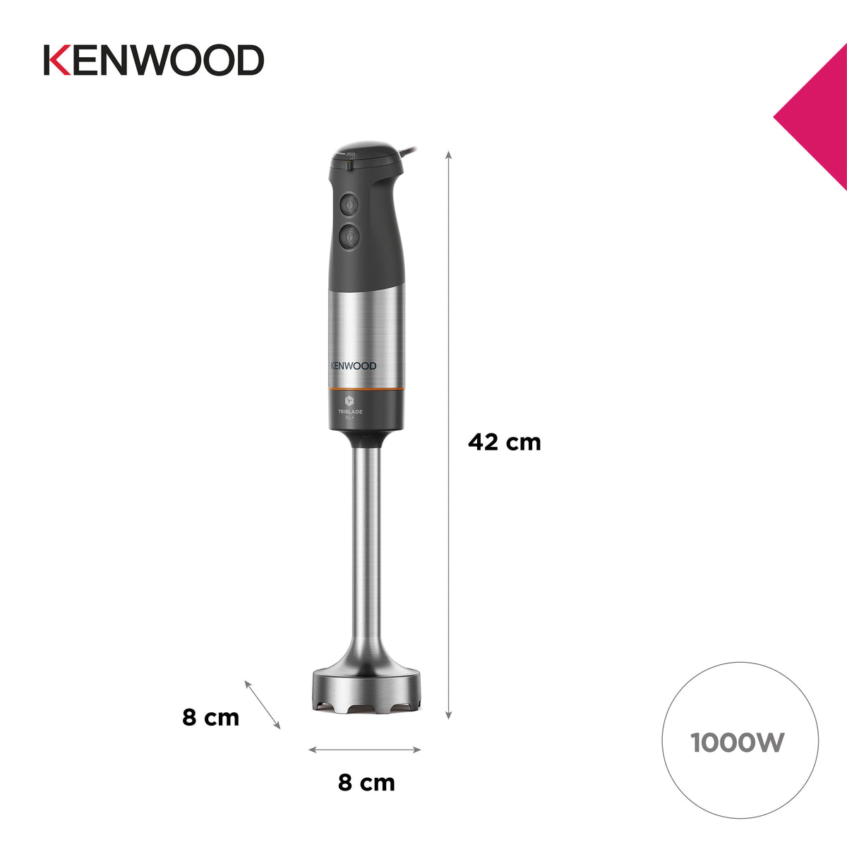Kenwood Triblade XL+ hand blender in stainless steel and black with control buttons and blade guard visible
