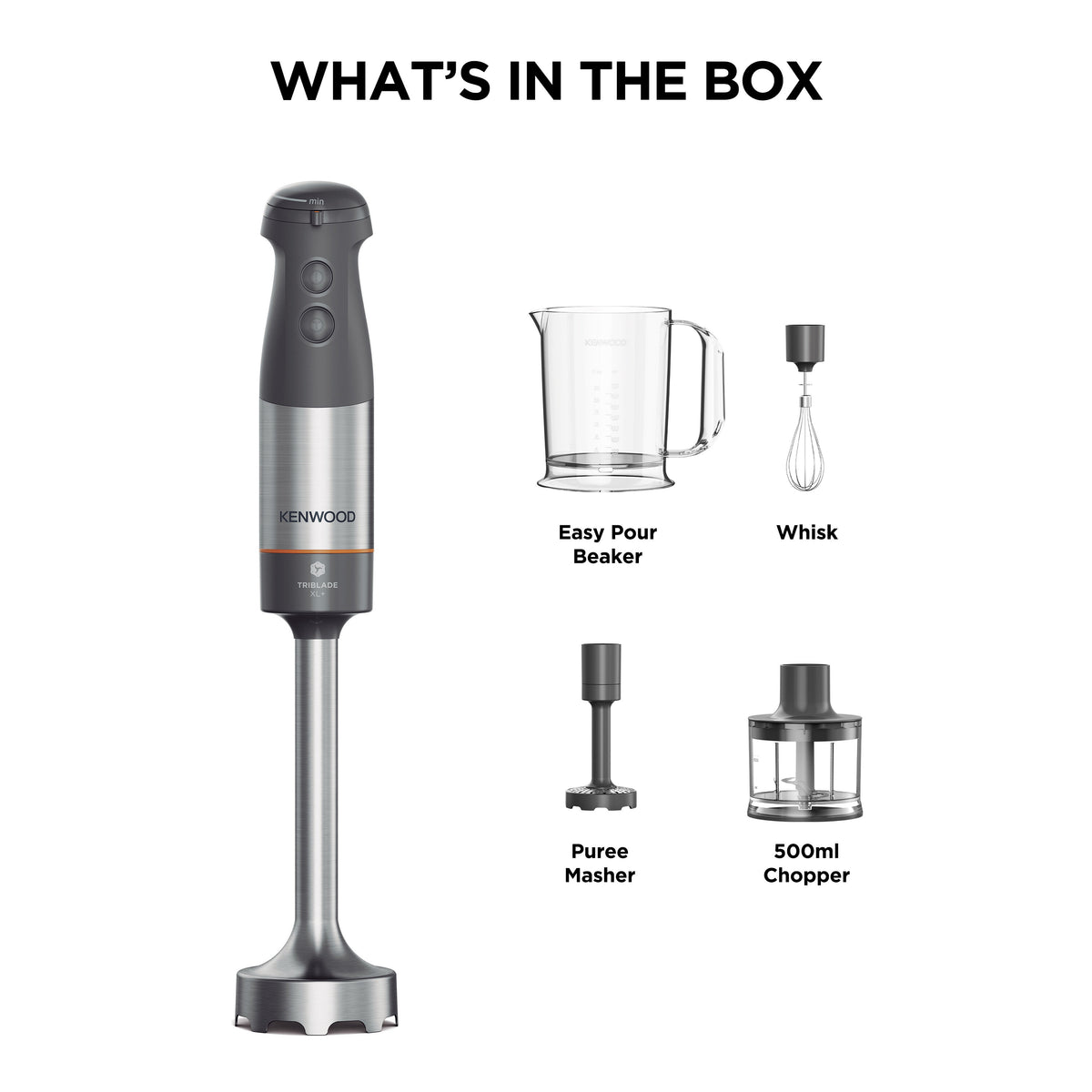 Kenwood Triblade XL+ hand blender with easy pour beaker, whisk, puree masher, and 500ml chopper attachments.