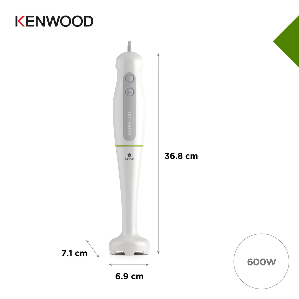Kenwood Triblade System hand blender in white with grey buttons and green accent, showing dimensions and power.