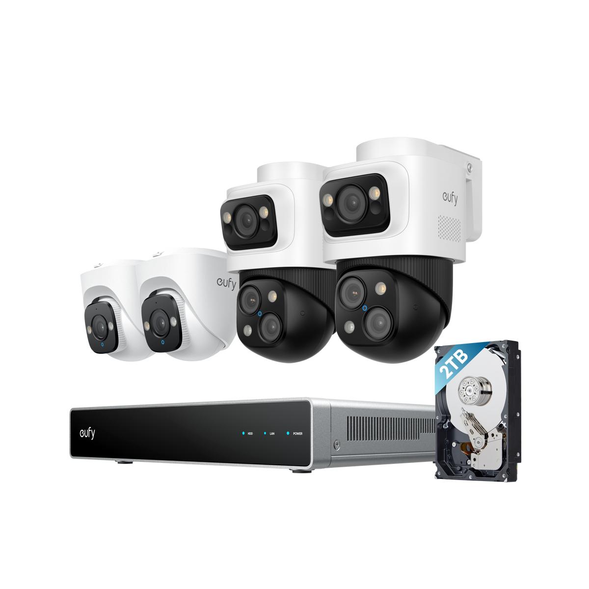 Eufy NVR Security System S4 with four cameras, NVR box, and 2TB hard drive on white background.