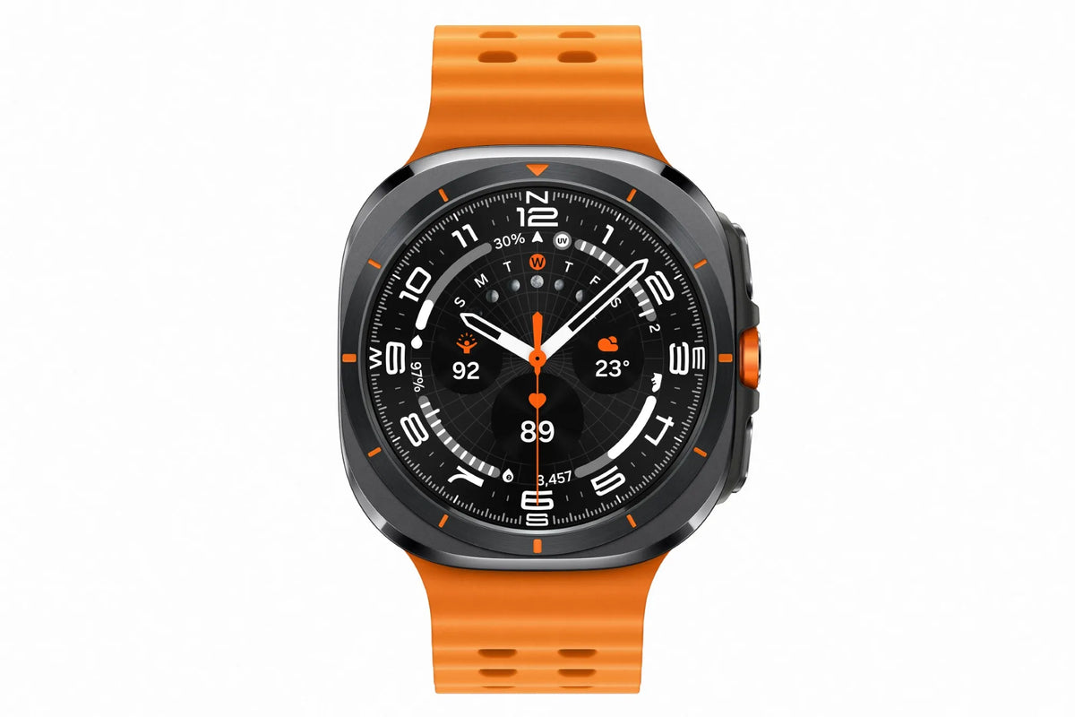 Samsung Watch Ultra Titanium Grey with orange strap, showing digital watch face with health and weather data.