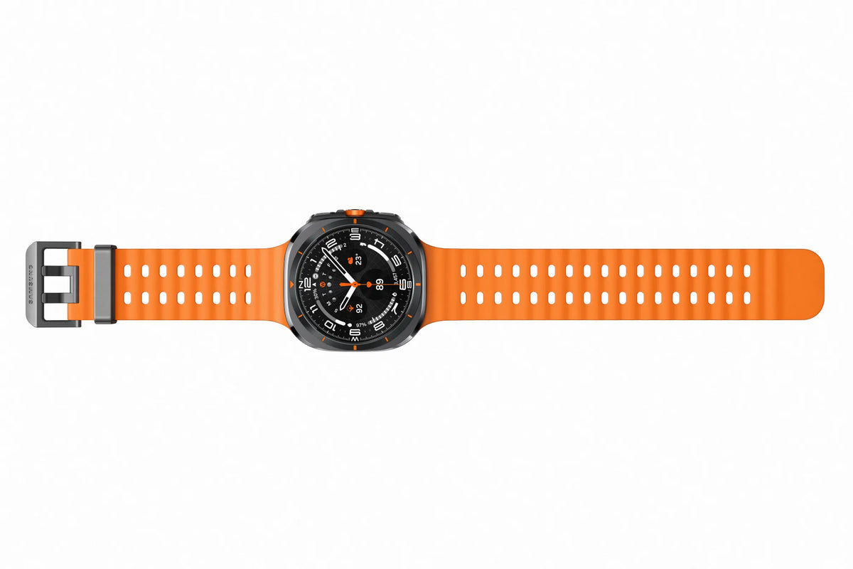 Samsung Watch Ultra Titanium Grey with black dial and bright orange perforated strap, front view.