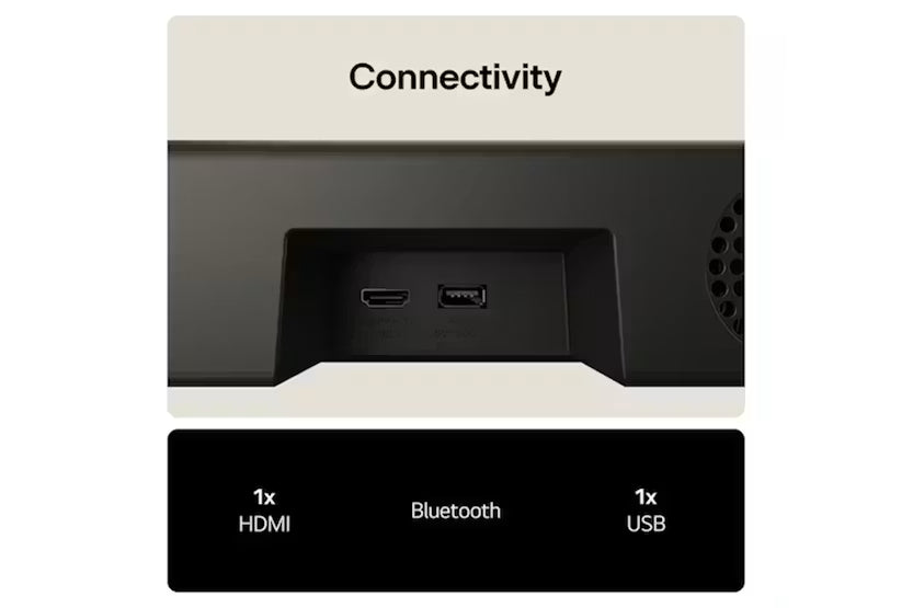 Close-up of LG Us20A Soundbar connectivity ports showing one HDMI and one USB input.