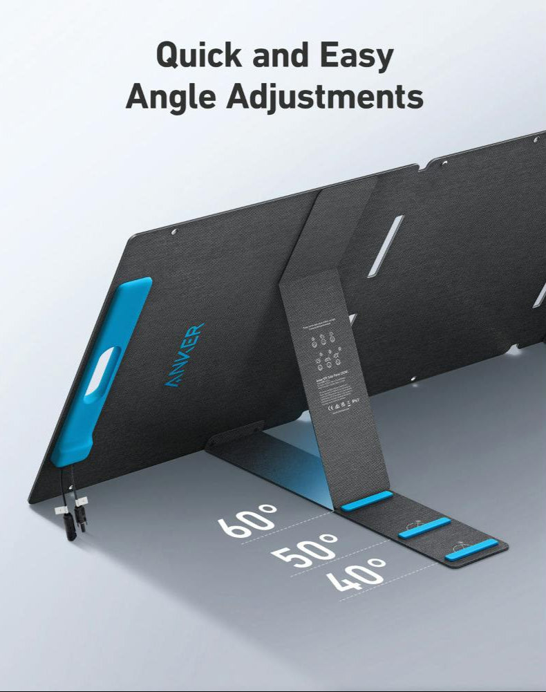 Anker 531 Solar Panel showing adjustable stand with angle options of 40°, 50°, and 60°.