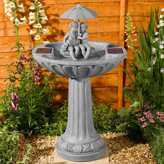 Umbrella Fountain garden water feature with solar pump, children and dog design, easy install, 84x48 cm – Keans Claremorris