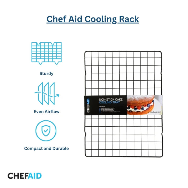 Chef Aid non-stick cake cooling rack 25x35cm with black grid and product label showing cake image.