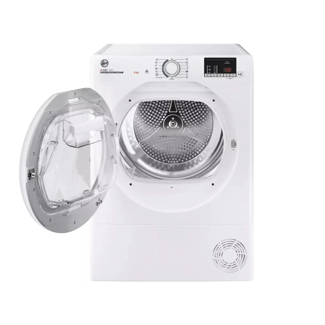 Hoover 8kg Heat Pump Dryer with open door showing stainless steel drum and control panel with dial and digital display.