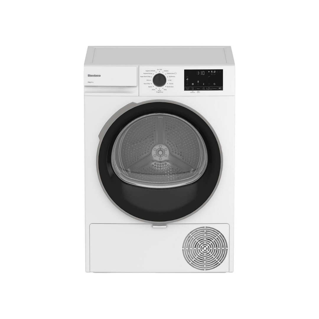 Blomberg 8kg heat pump tumble dryer in white with front-loading door and digital control panel
