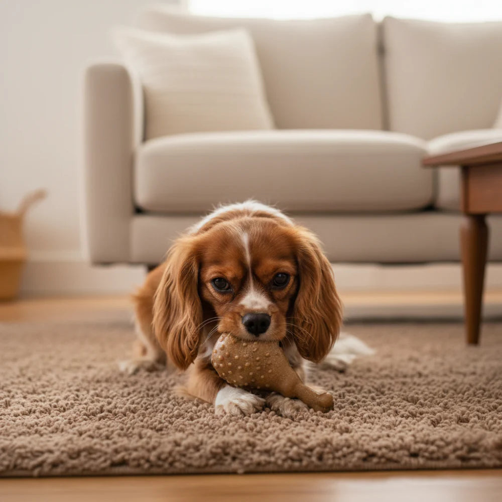 Small brown and white dog lying on a rug chewing a Wiggle & Wander Bamboo Time Chew shaped like a chicken leg.