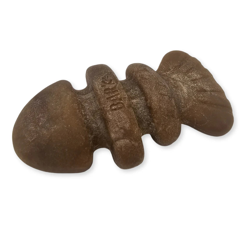 Soft brown fish-shaped chew toy with textured body and "BARK" embossed on the middle ring.