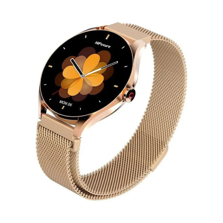 HiFuture Aura 2 smartwatch with rose gold case, mesh strap, and colorful floral watch face on AMOLED display.