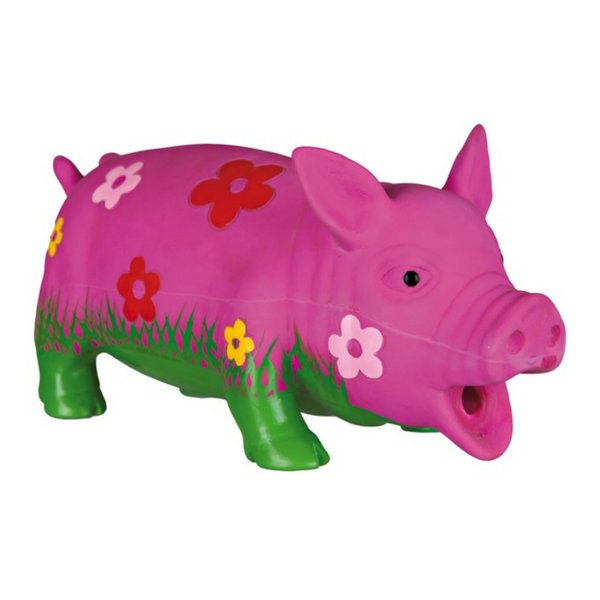 Latex squeaky pig dog toy with floral details, polyester fleece lining, 20cm – fun fetch toy from Keans Claremorris.