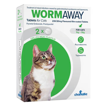 Worm Away Cat dewormer tablets, grilled meat flavor, treats roundworms and tapeworms, 2 tablets pack – Keans Claremorris