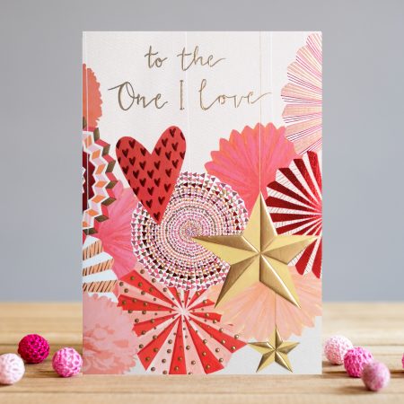 LT Valentine I Love Fans Sentimental Card with colorful fan designs, red heart, and gold foil stars on textured card.